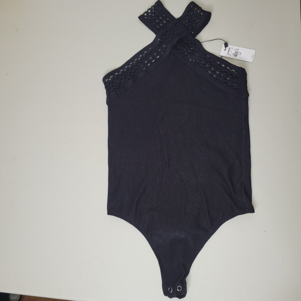 EXPRESS Black Ribbed Halter Neck Cutout Bodysuit